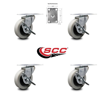 Service Caster 3 Inch Thermoplastic Wheel Top Plate Caster Set with Brakes SCC, 4PK SCC-05S310-TPRS-SLB-TP2-4